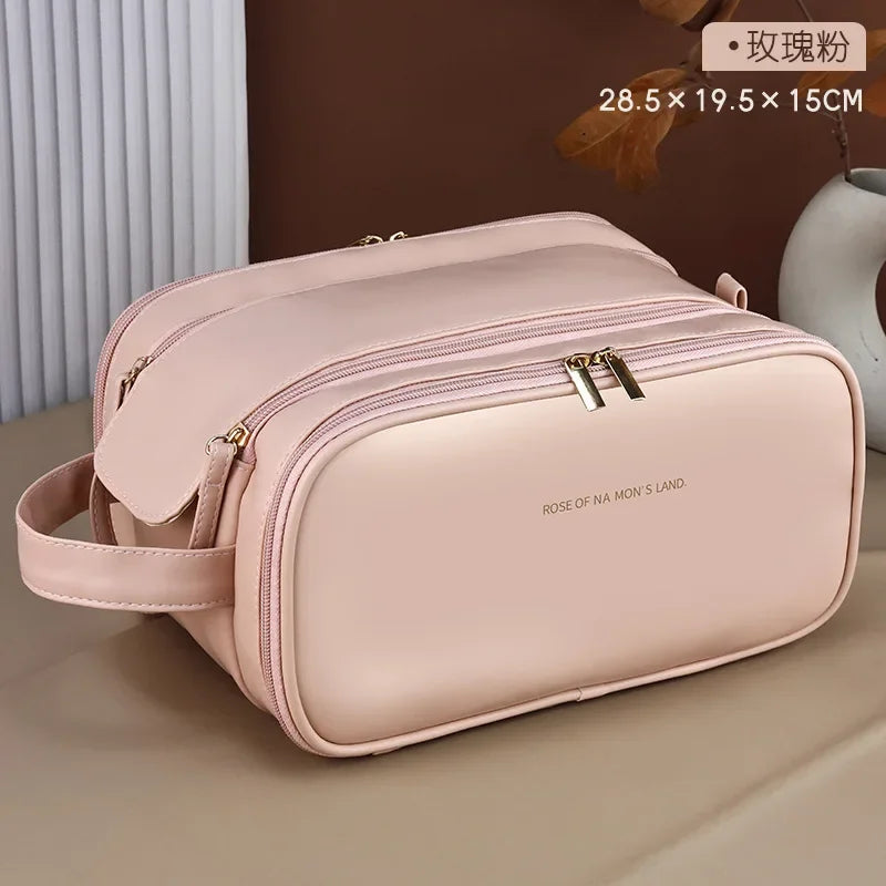 Multifunctional Makeup Bag for Women PU Leather Large Capacity Portable Double Zipper Travel Makeup Brush Toiletries Storage Bag