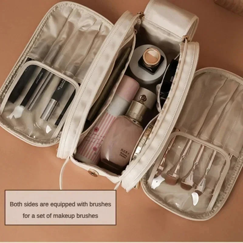 Multifunctional Makeup Bag for Women PU Leather Large Capacity Portable Double Zipper Travel Makeup Brush Toiletries Storage Bag
