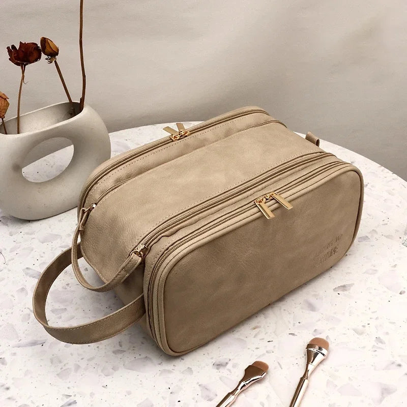 Multifunctional Makeup Bag for Women PU Leather Large Capacity Portable Double Zipper Travel Makeup Brush Toiletries Storage Bag
