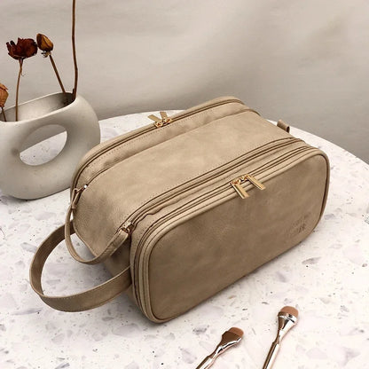 Multifunctional Makeup Bag for Women PU Leather Large Capacity Portable Double Zipper Travel Makeup Brush Toiletries Storage Bag