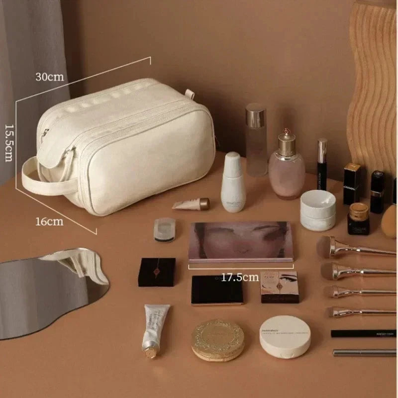 Multifunctional Makeup Bag for Women PU Leather Large Capacity Portable Double Zipper Travel Makeup Brush Toiletries Storage Bag