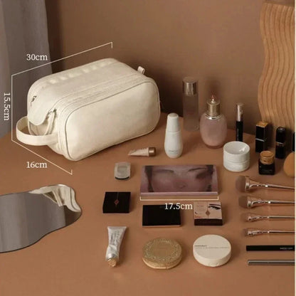 Multifunctional Makeup Bag for Women PU Leather Large Capacity Portable Double Zipper Travel Makeup Brush Toiletries Storage Bag