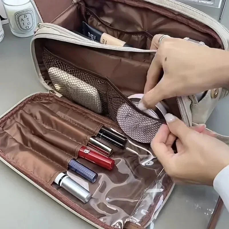 Multifunctional Makeup Bag for Women PU Leather Large Capacity Portable Double Zipper Travel Makeup Brush Toiletries Storage Bag