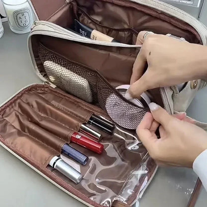 Multifunctional Makeup Bag for Women PU Leather Large Capacity Portable Double Zipper Travel Makeup Brush Toiletries Storage Bag