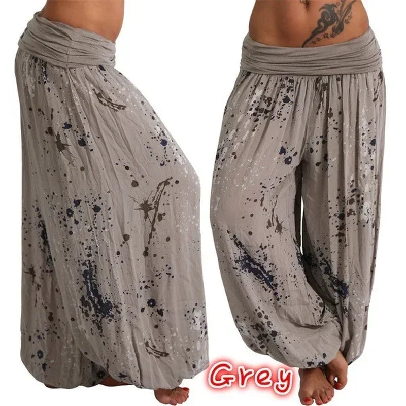 Autumn Women Harem Pants Elastic Waist Pleated Casual Vintage Printing Summer Wide Leg Trousers Streetwear Loose Pant Capris