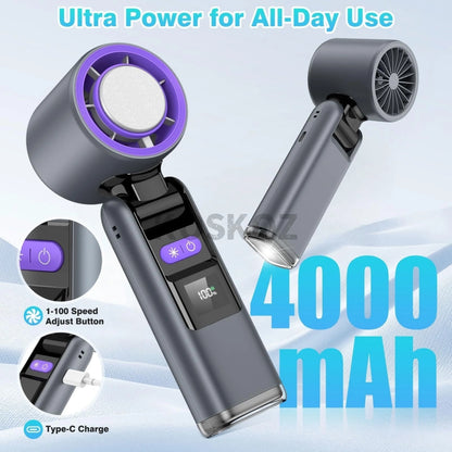 Portable Handheld Turbo Fan - 5 Gear High Speed 4000Mah Rechargeable Mini Personal Hand Fan with Flashlight and Cooling, Travel